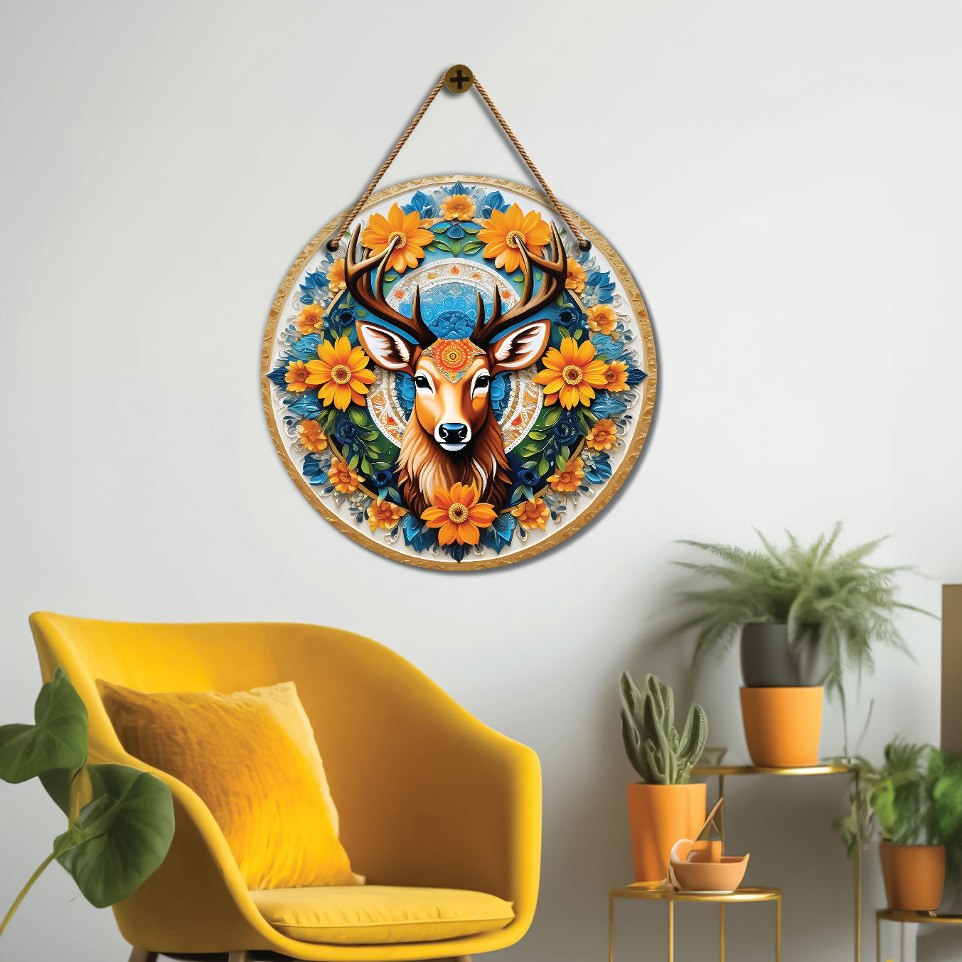Deer in green and floral mandala Round Wooden Wall Hanging for wall Décor - Design - 132