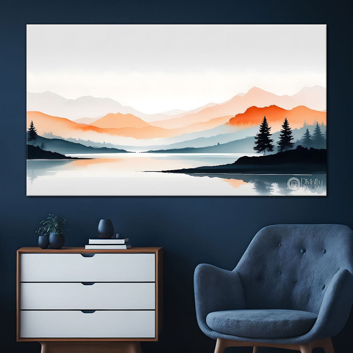 Mountains with trees and river in sunset in textured water color painting Canvas Painting - Nature Art -132