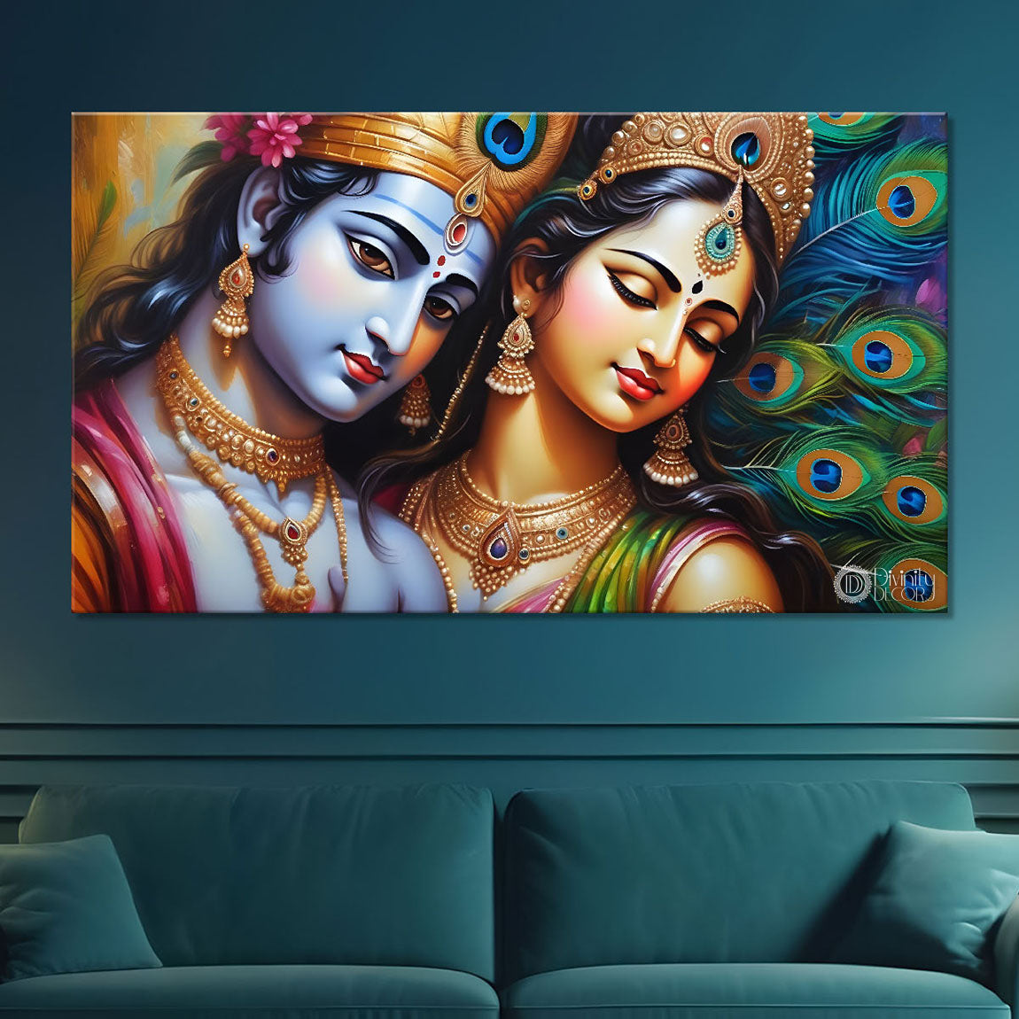 Blue face of Krishna and Radha with yellow and peacock feather background painting Canvas Painting - Design - Krishna-133