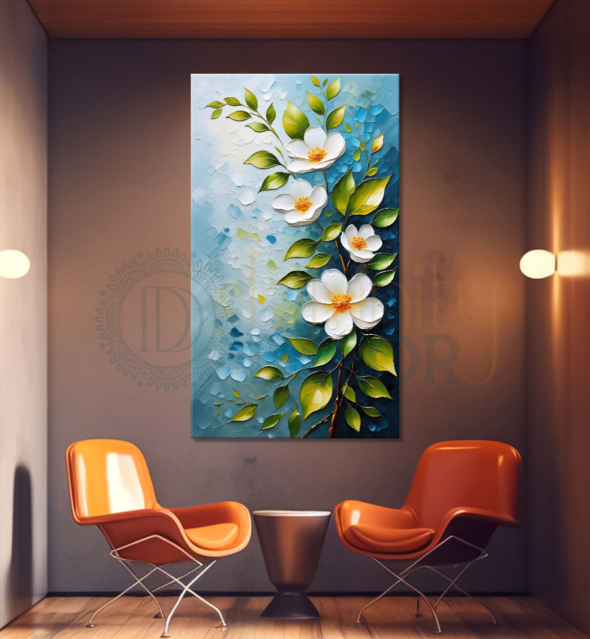 White flowers in sky blue textured background painting- Flower-V-133
