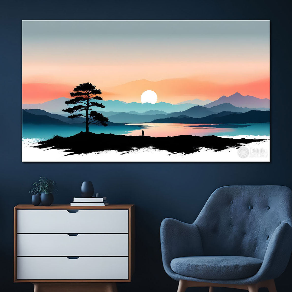 Mountains with trees and river in sunset in textured water color painting Canvas Painting - Nature Art -133