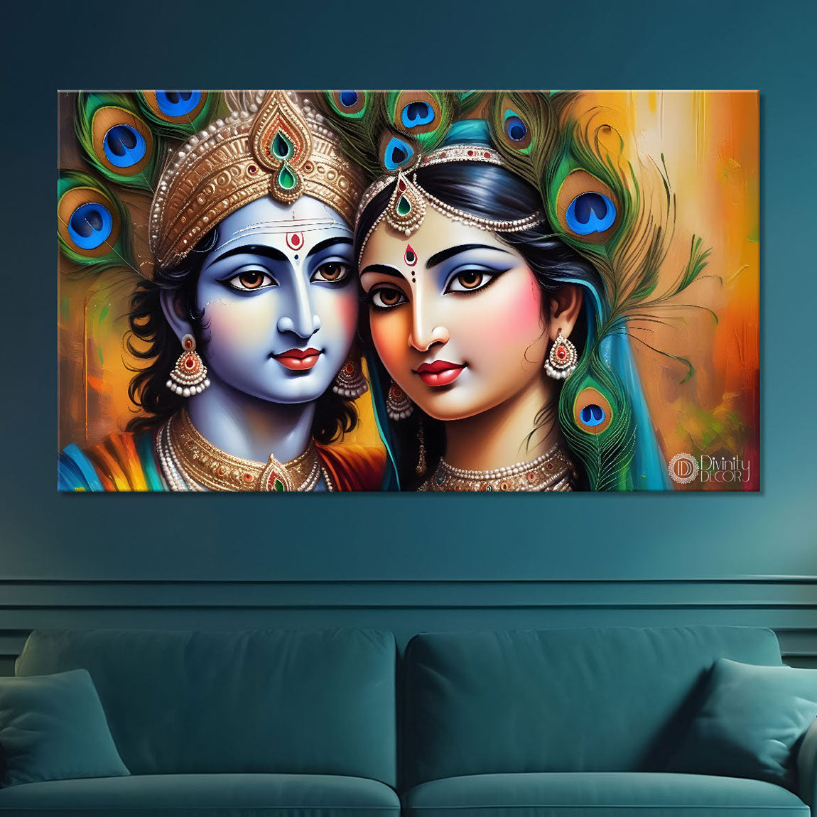 Blue face of Krishna and Radha with yellow and peacock feather background painting Canvas Painting - Design - Krishna-134
