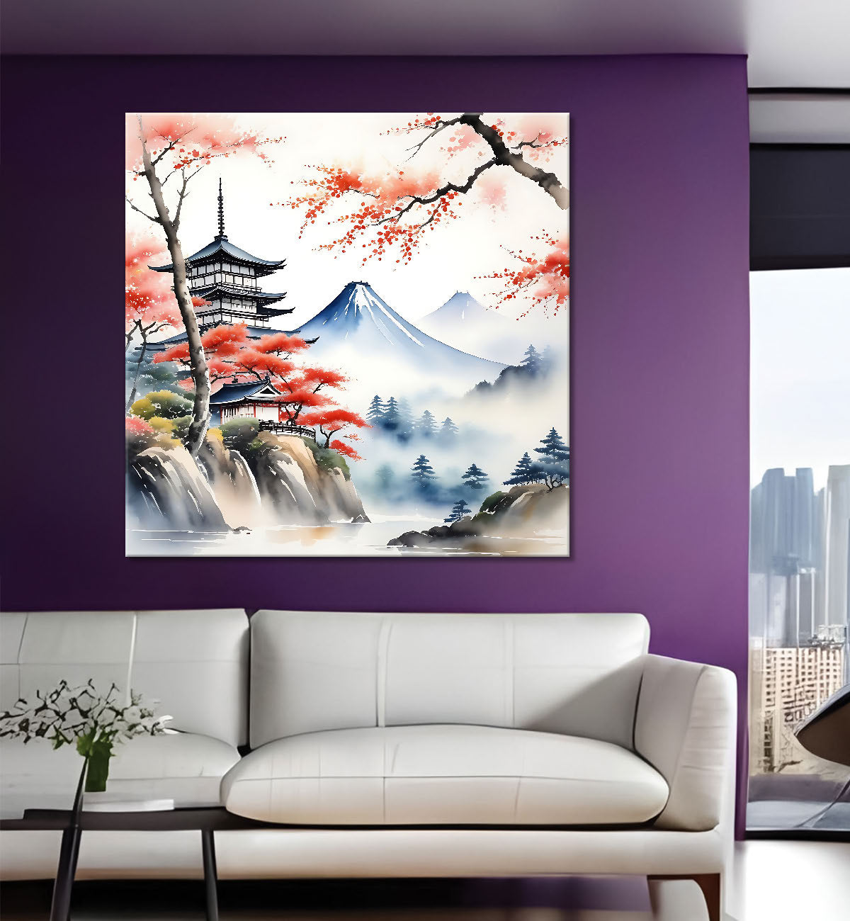 Mountains with temple and tree painting  24X24 - Nature Art -S-134