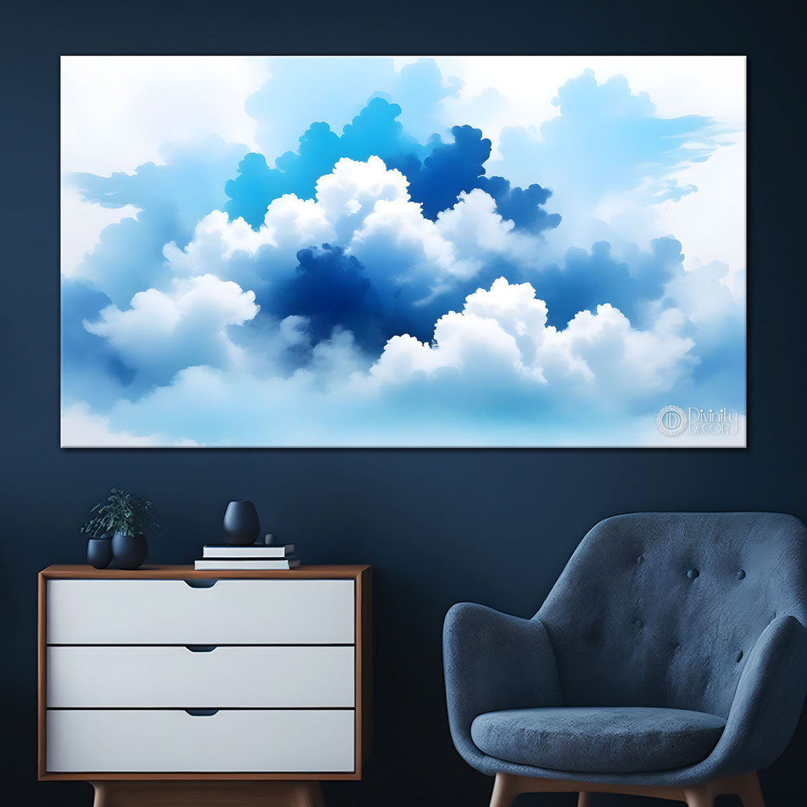 Clouds in textured water color painting Canvas Painting - Nature Art -134