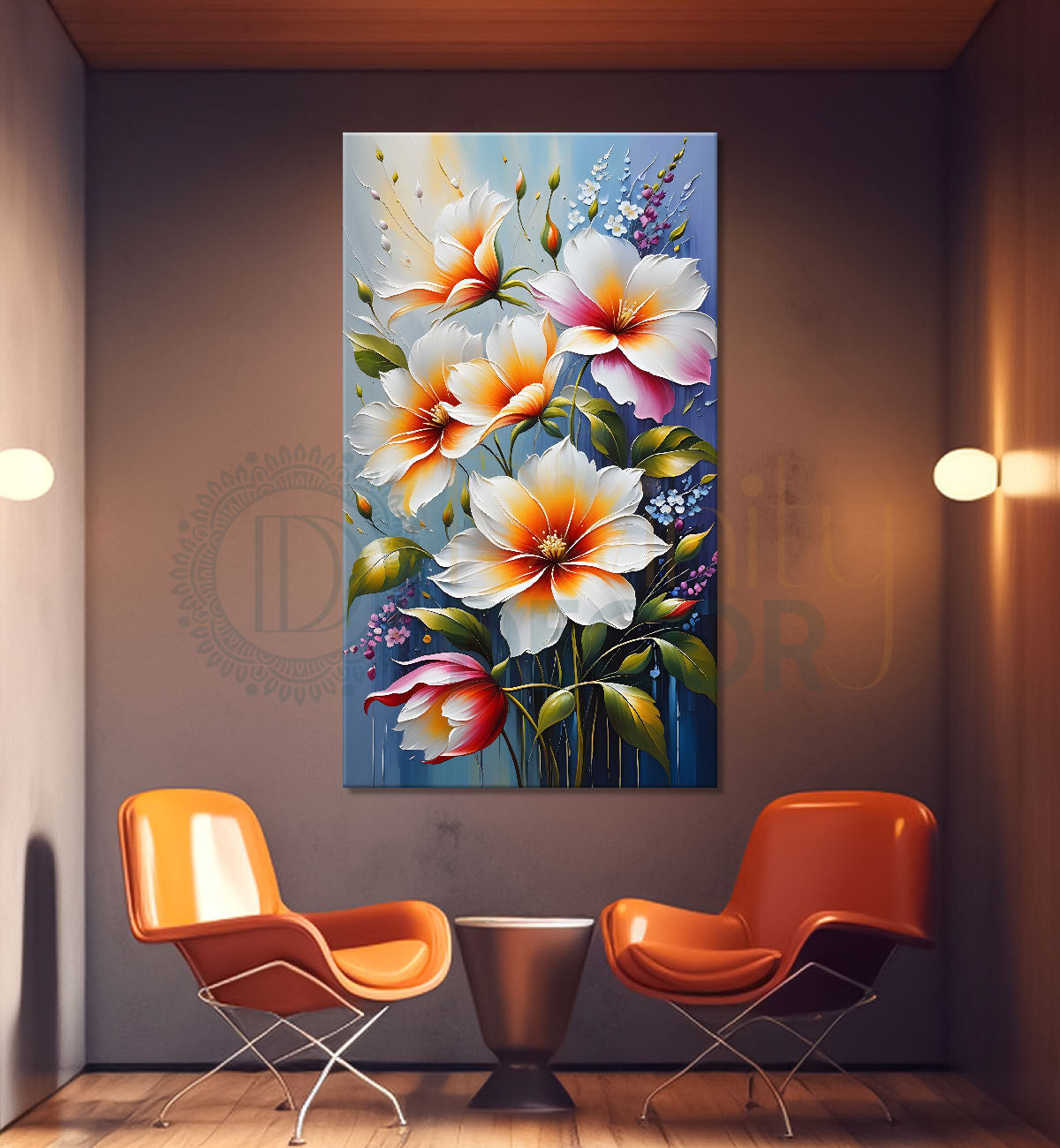 White flowers in grey textured background painting- Flower-V-134