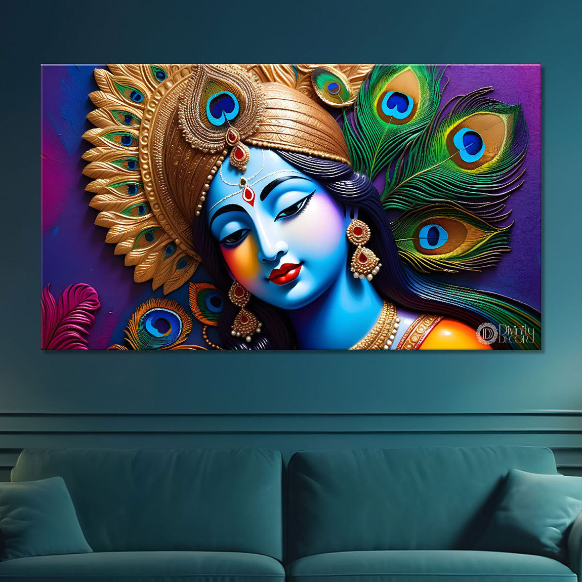 Blue face of Krishna with peacock feather background painting Canvas Painting - Design - Krishna-135