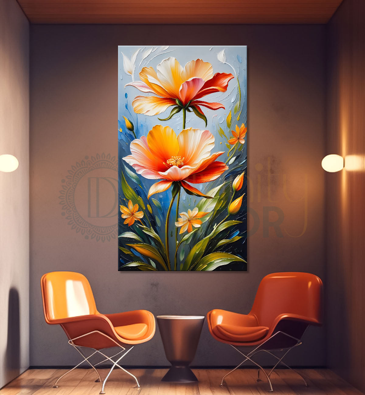 Orange flowers in sky blue textured background painting- Flower-V-135