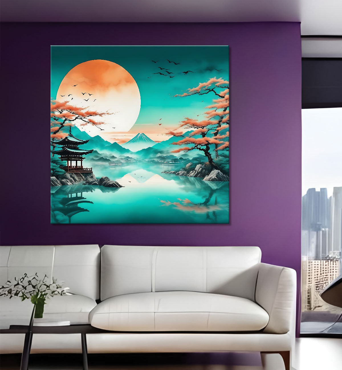 Mountains with moon aqua texture painting 24X24  - Nature Art -S-135