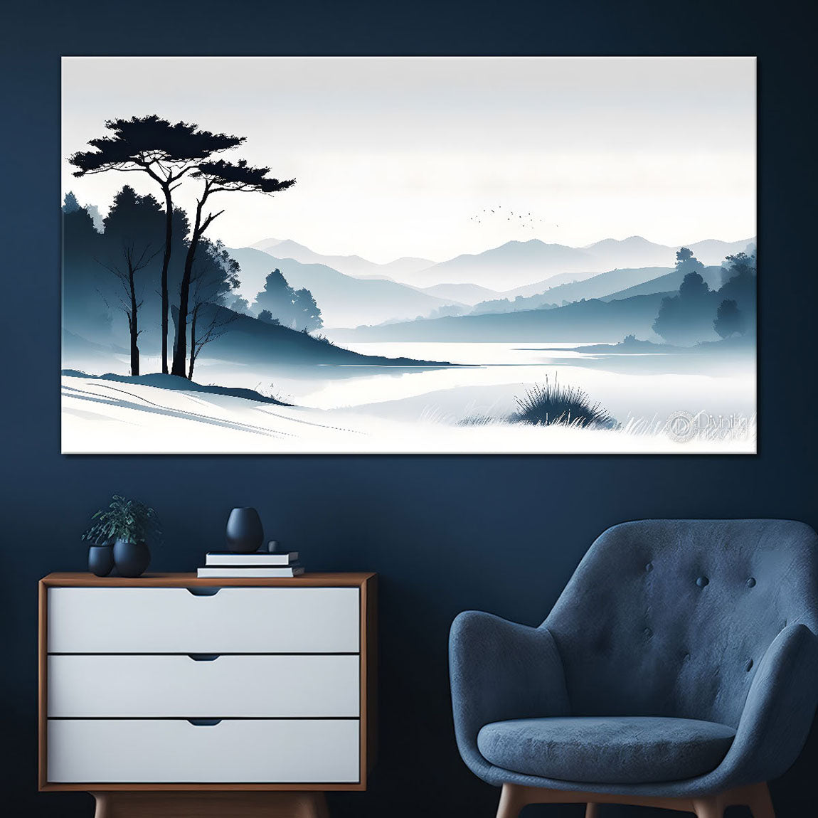 Mountains with trees in textured water color painting Canvas Painting - Nature Art -135