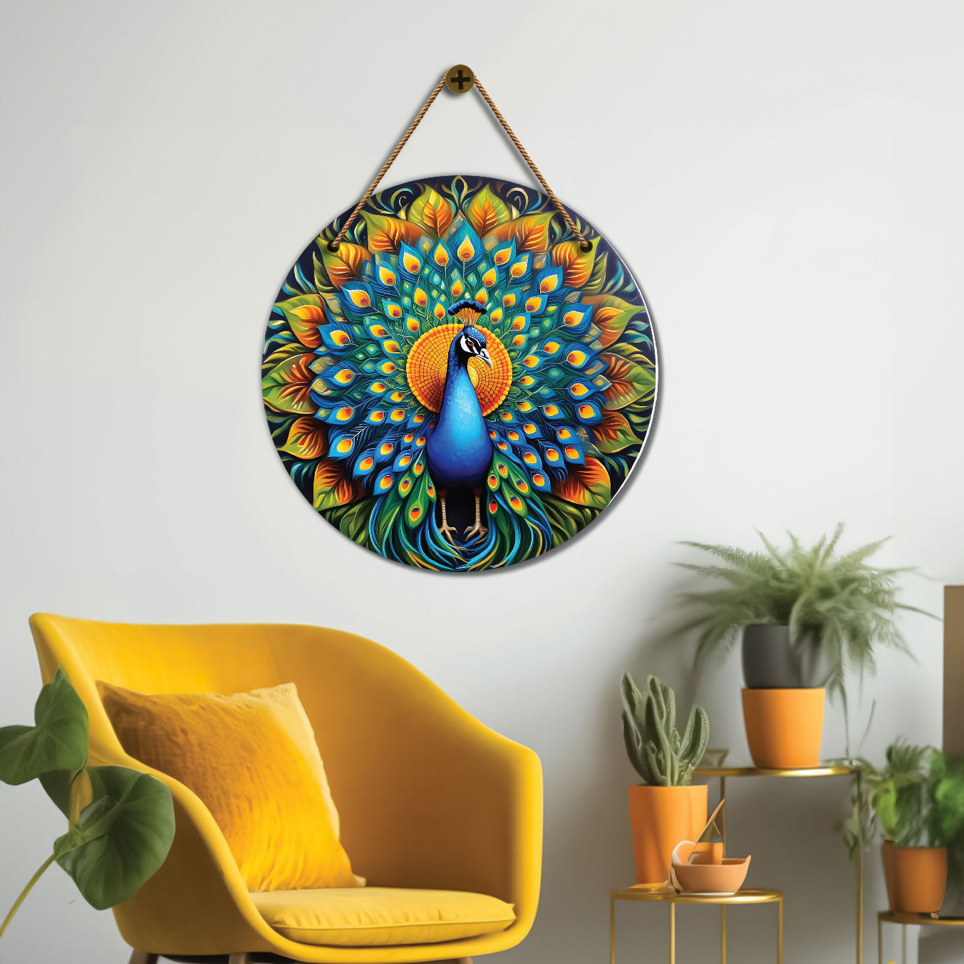 Peacock in green and yellow mandala Round Wooden Wall Hanging for wall Décor - Design - 135