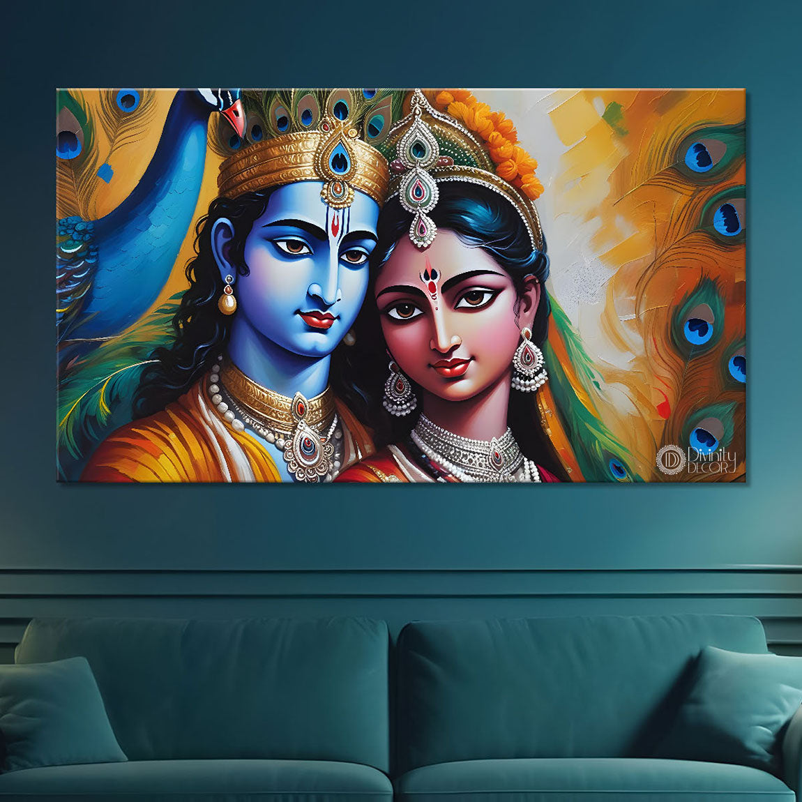 Blue face of Krishna and Radha with yellow background painting Canvas Painting - Design - Krishna-136
