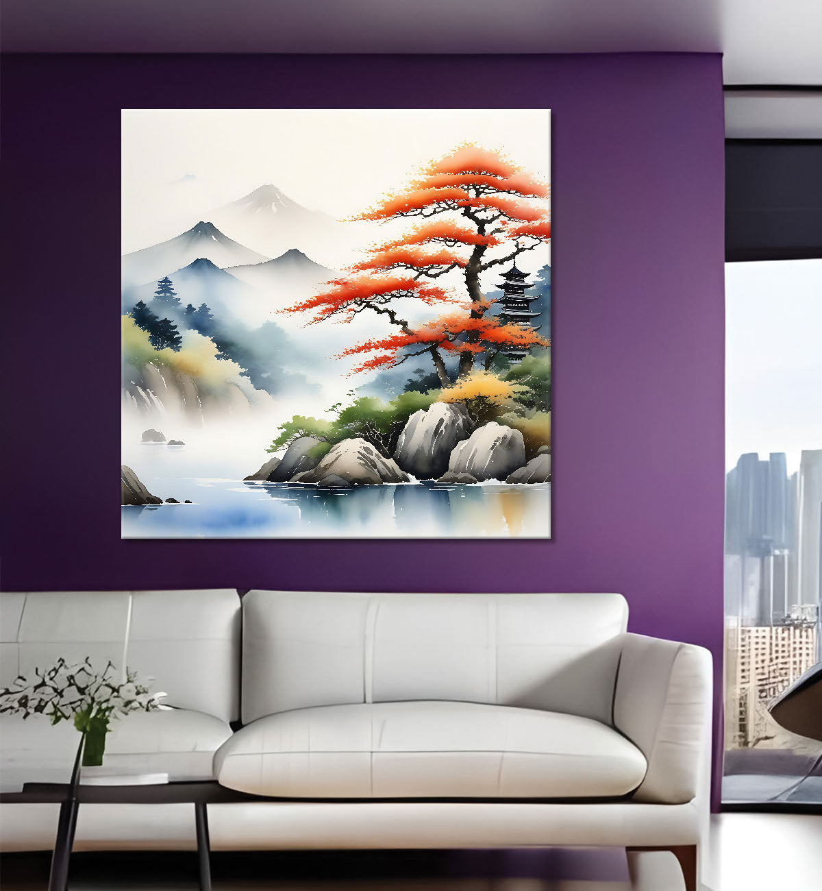 Mountains with orange tree painting 24X24  - Nature Art -S-136