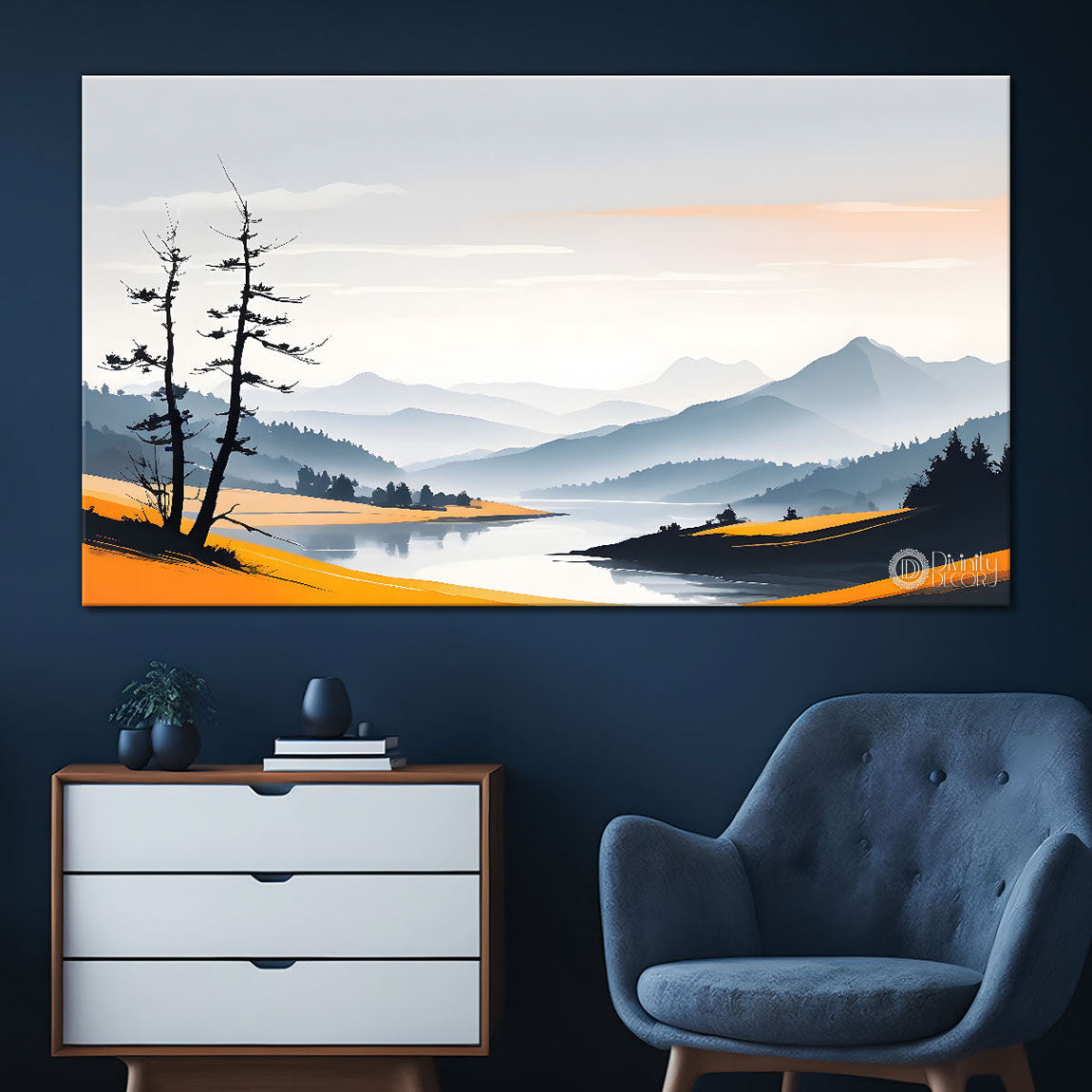 Mountains with trees in textured water color painting Canvas Painting - Nature Art -136