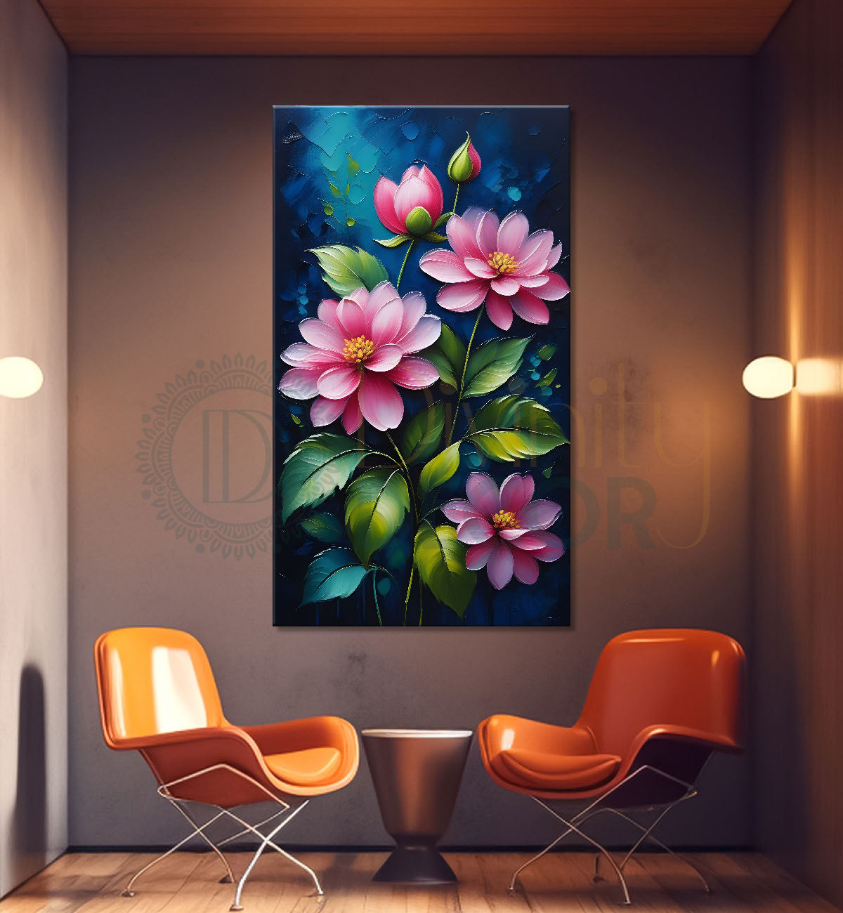 Pink flowers in navy blue textured background painting- Flower-V-136
