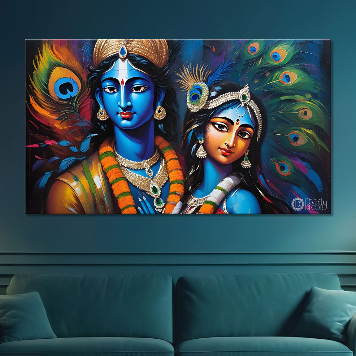 Blue face of Krishna and Radha with blue and peacock feather background painting Canvas Painting - Design - Krishna-137