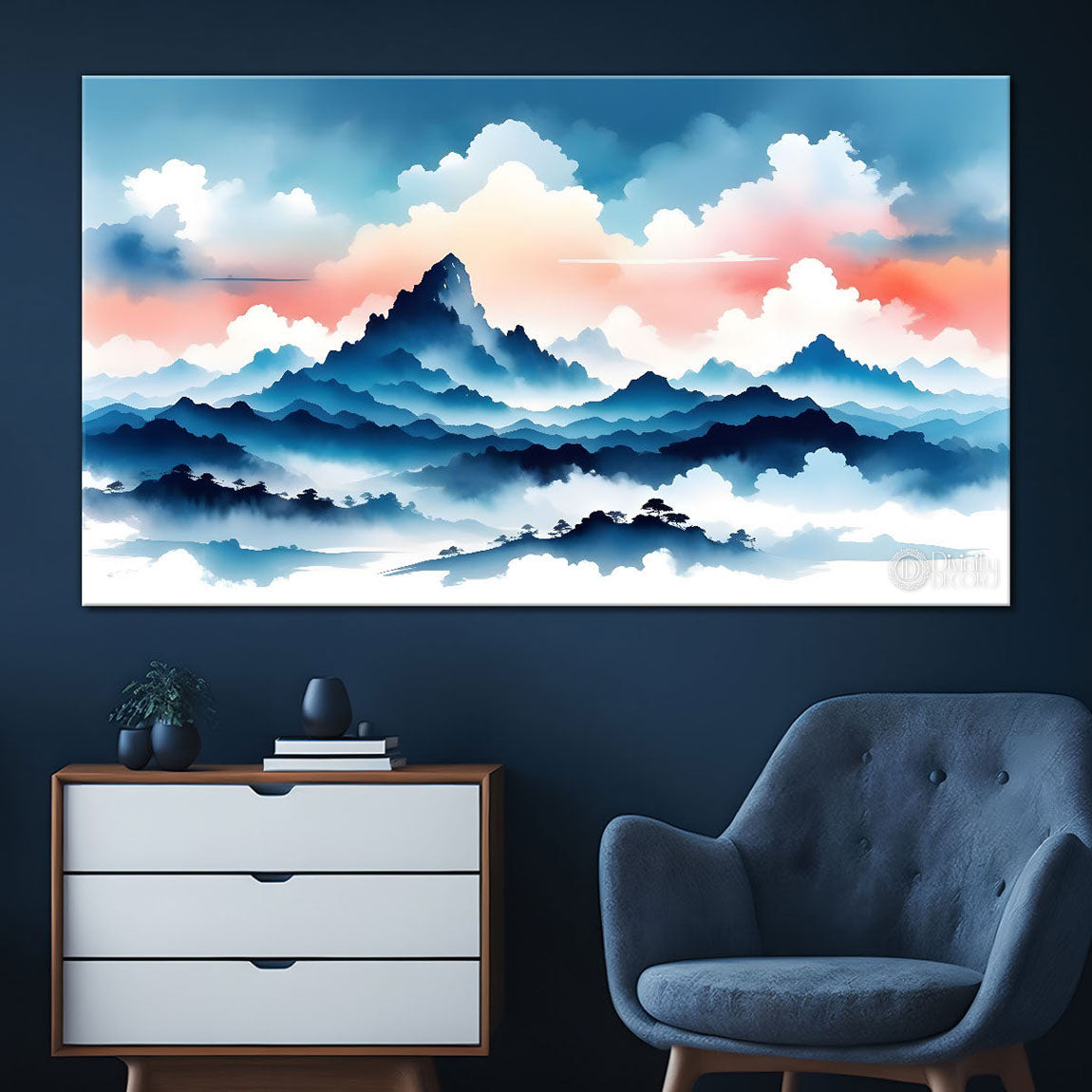 Mountains with trees in textured water color painting Canvas Painting - Nature Art -137