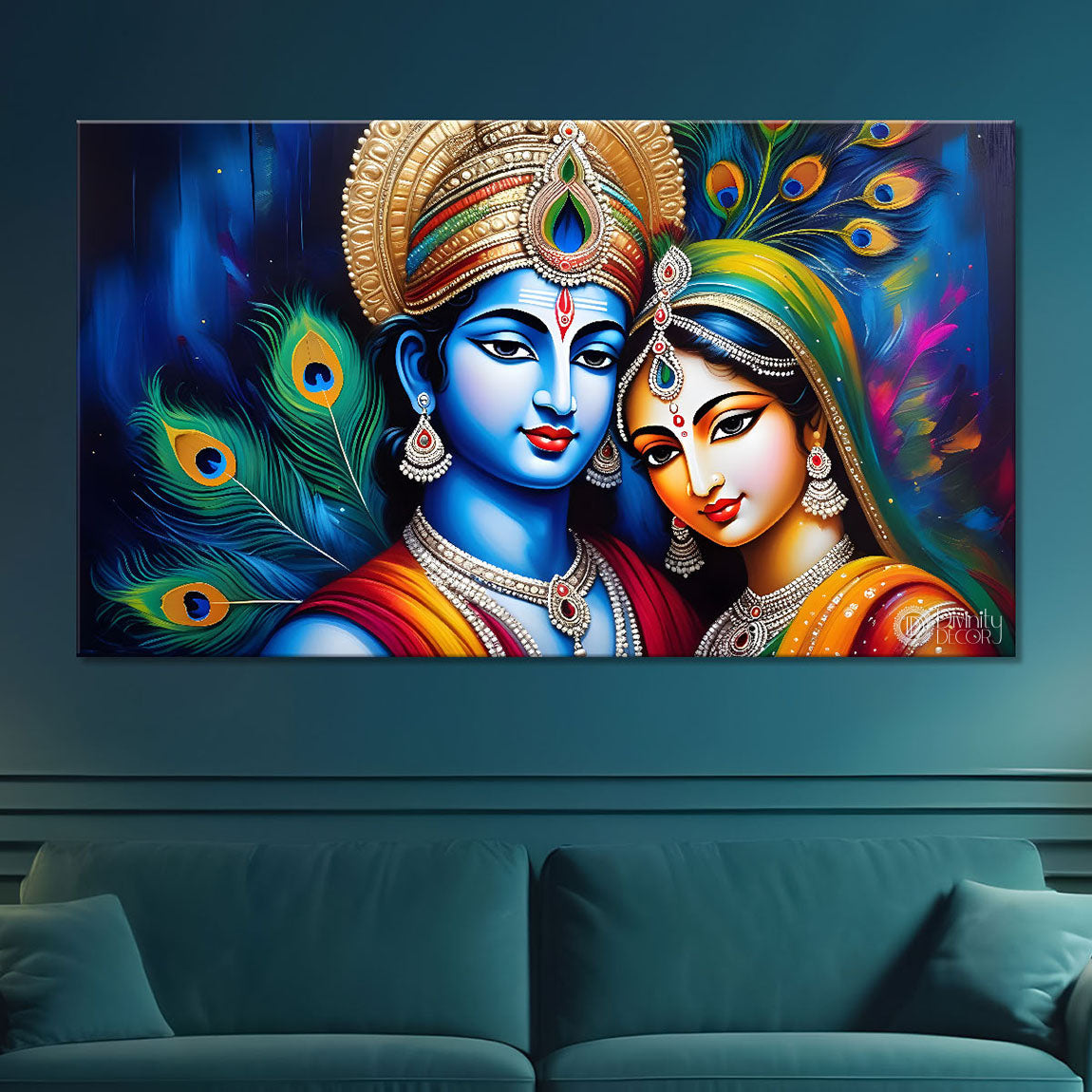 Blue face of Krishna and Radha with blue and peacock feather background painting Canvas Painting - Design - Krishna-138