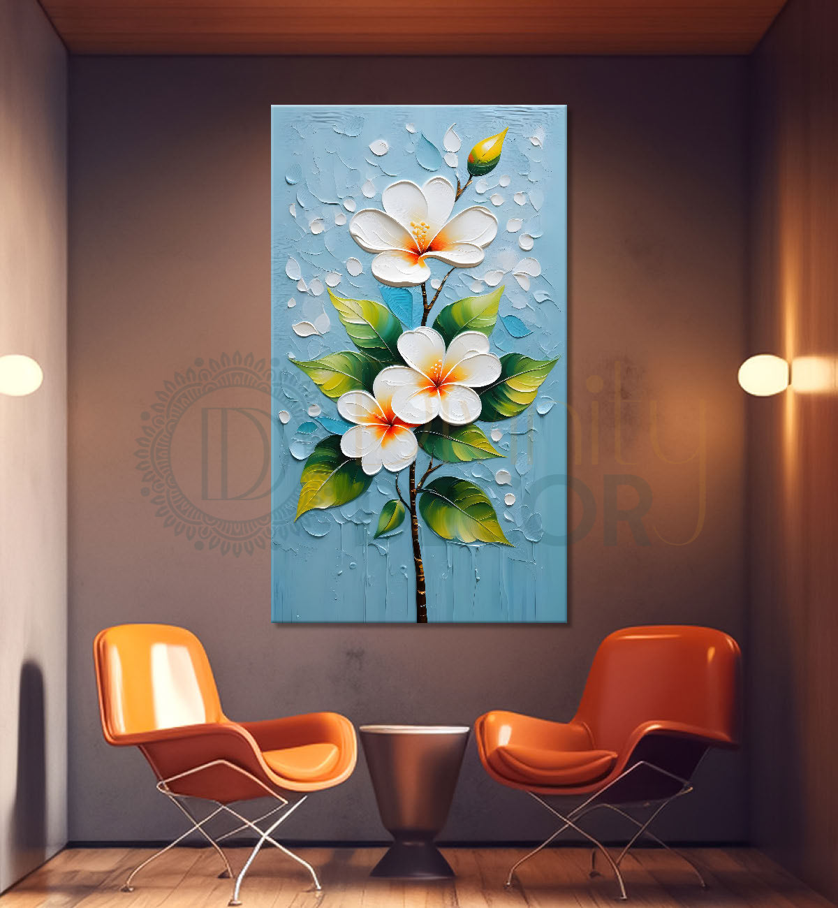 White flowers in sky blue textured background painting- Flower-V-138