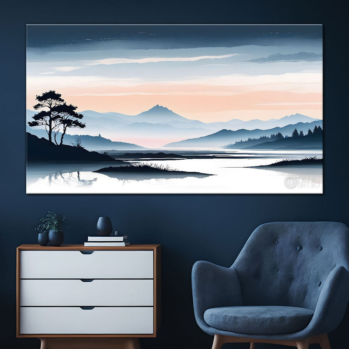 Mountains with trees in textured water color painting Canvas Painting - Nature Art -138