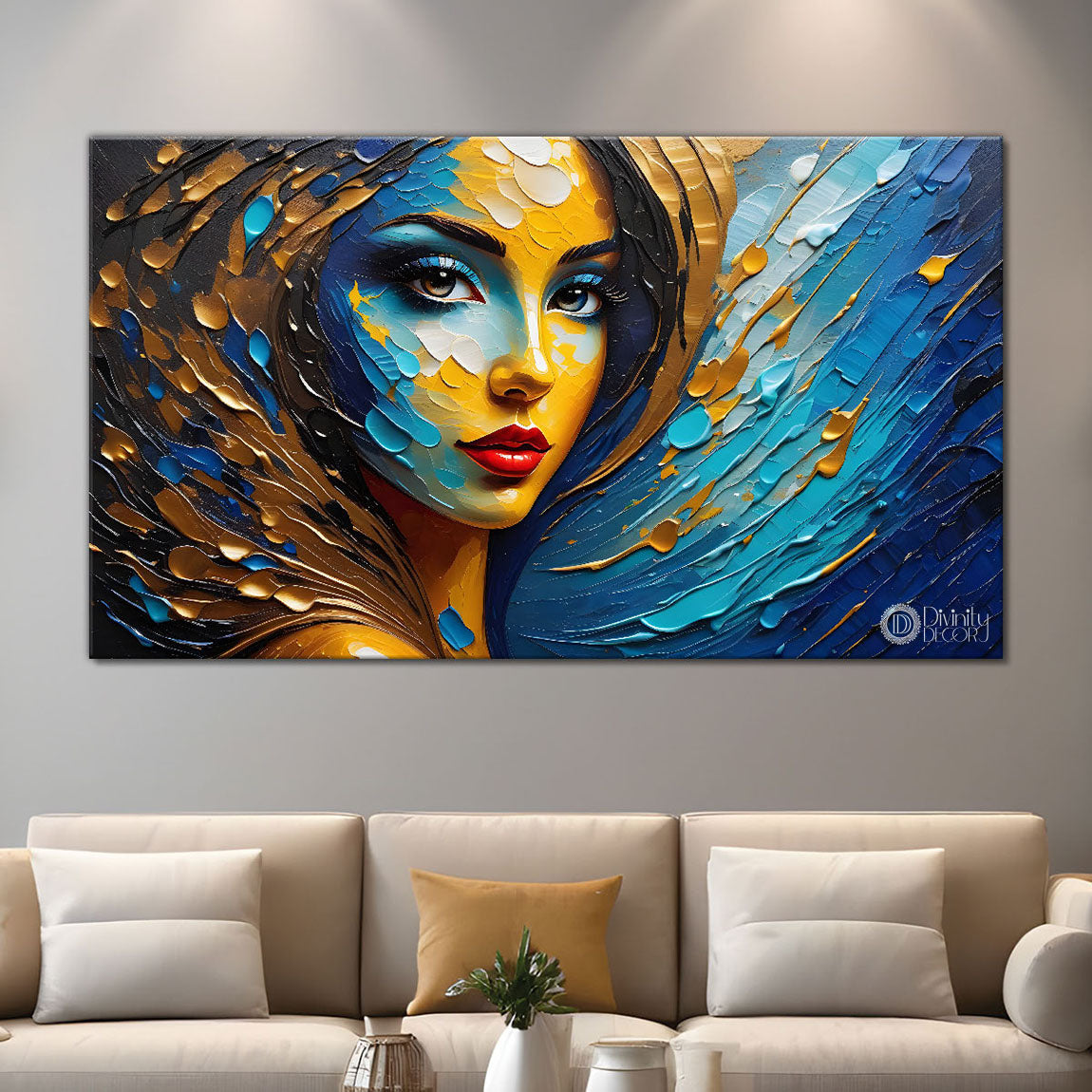 Beautiful women face in golden and blue theme Canvas Painting - Design - Modern-L-138