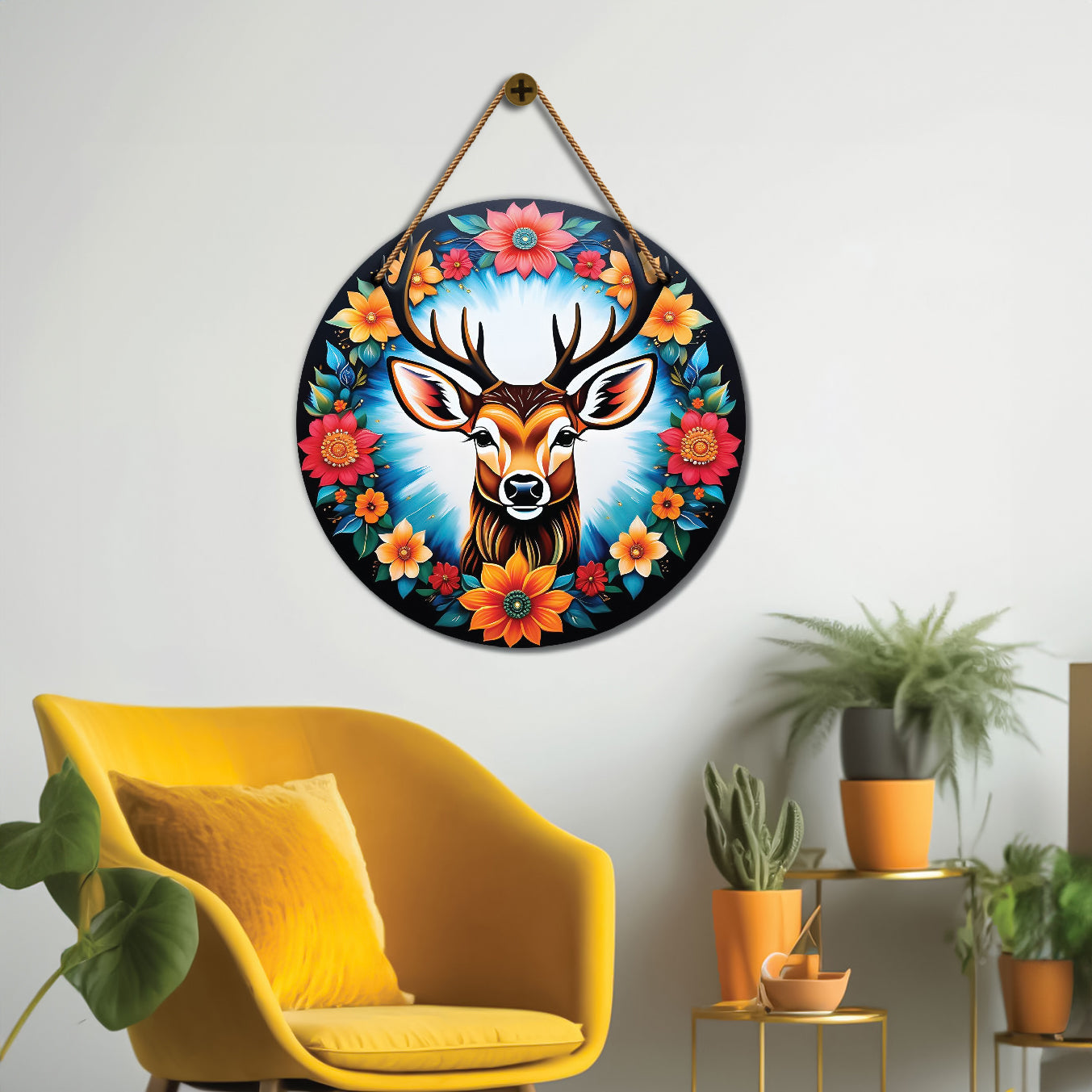 Deer in floral and black mandala Round Wooden Wall Hanging for wall Décor - Design - 138