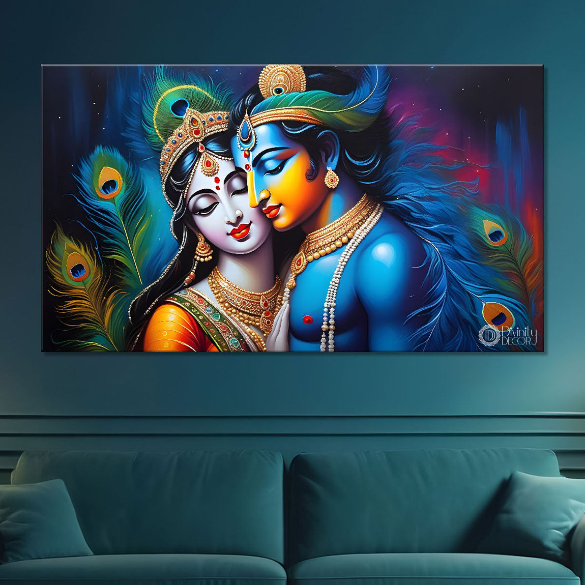 Blue face of Krishna and Radha with blue and peacock feather background painting Canvas Painting - Design - Krishna-139