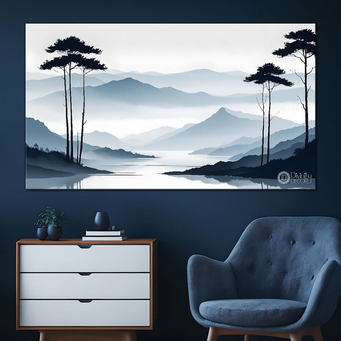 Mountains with trees in textured water color painting Canvas Painting - Nature Art -139