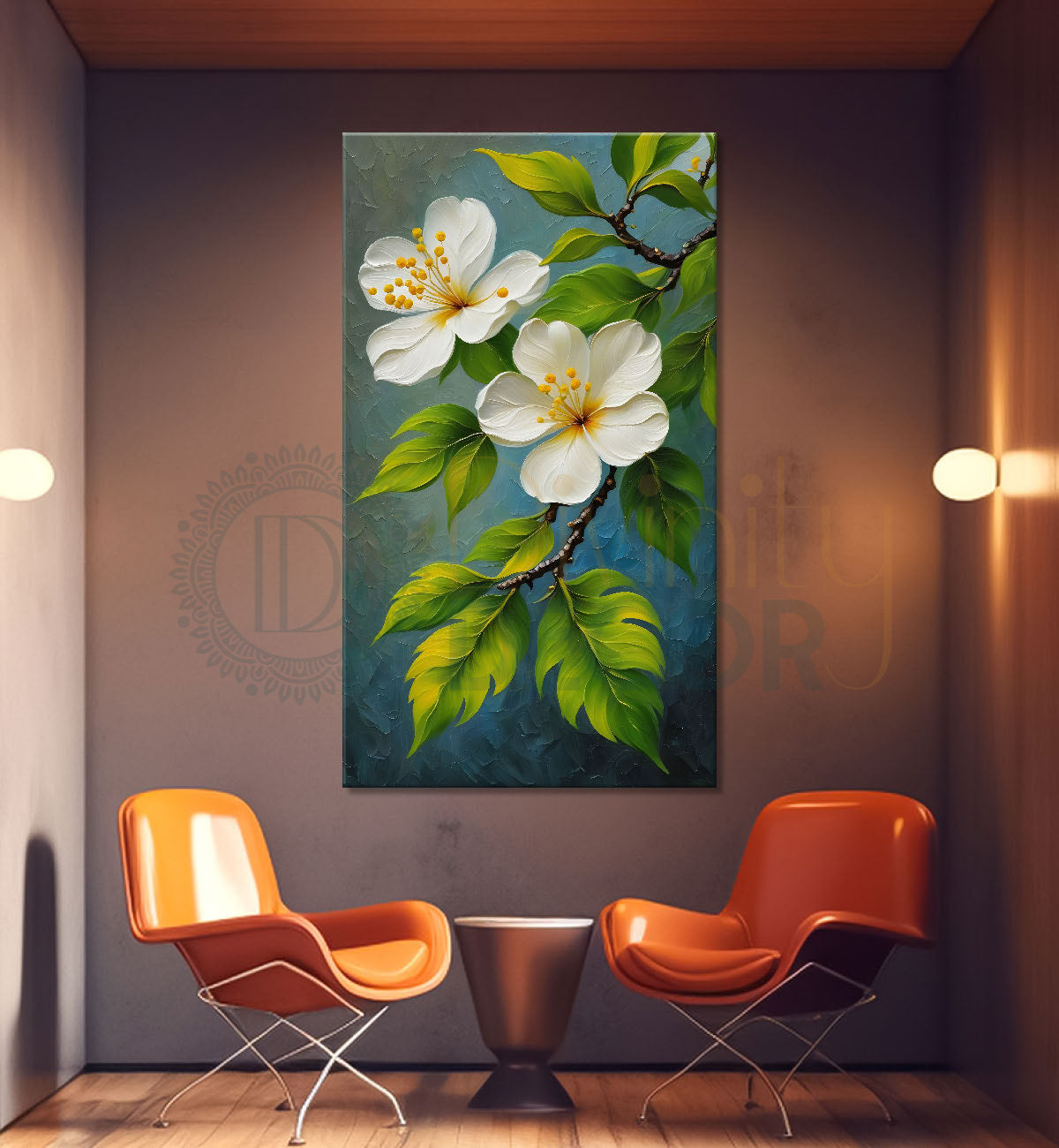 White flowers in green textured background painting- Flower-V-139