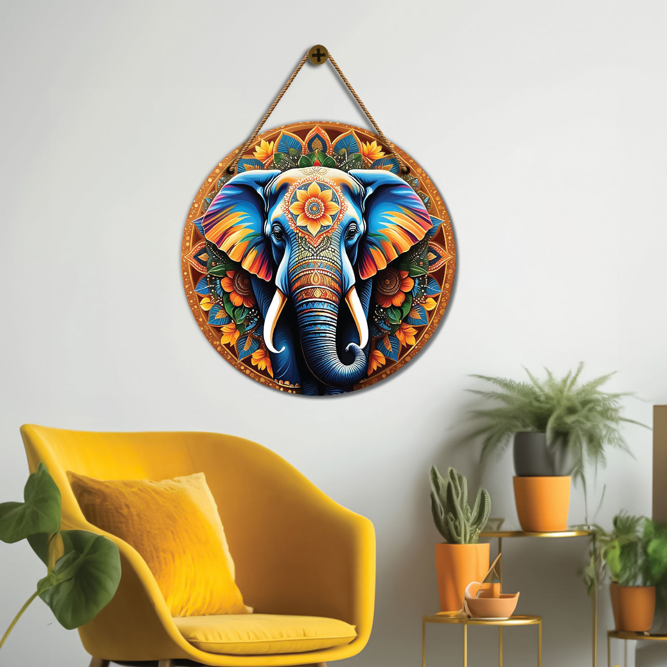 Elephant in yellow and golden mandala Round Wooden Wall Hanging for wall Décor - Design - 139