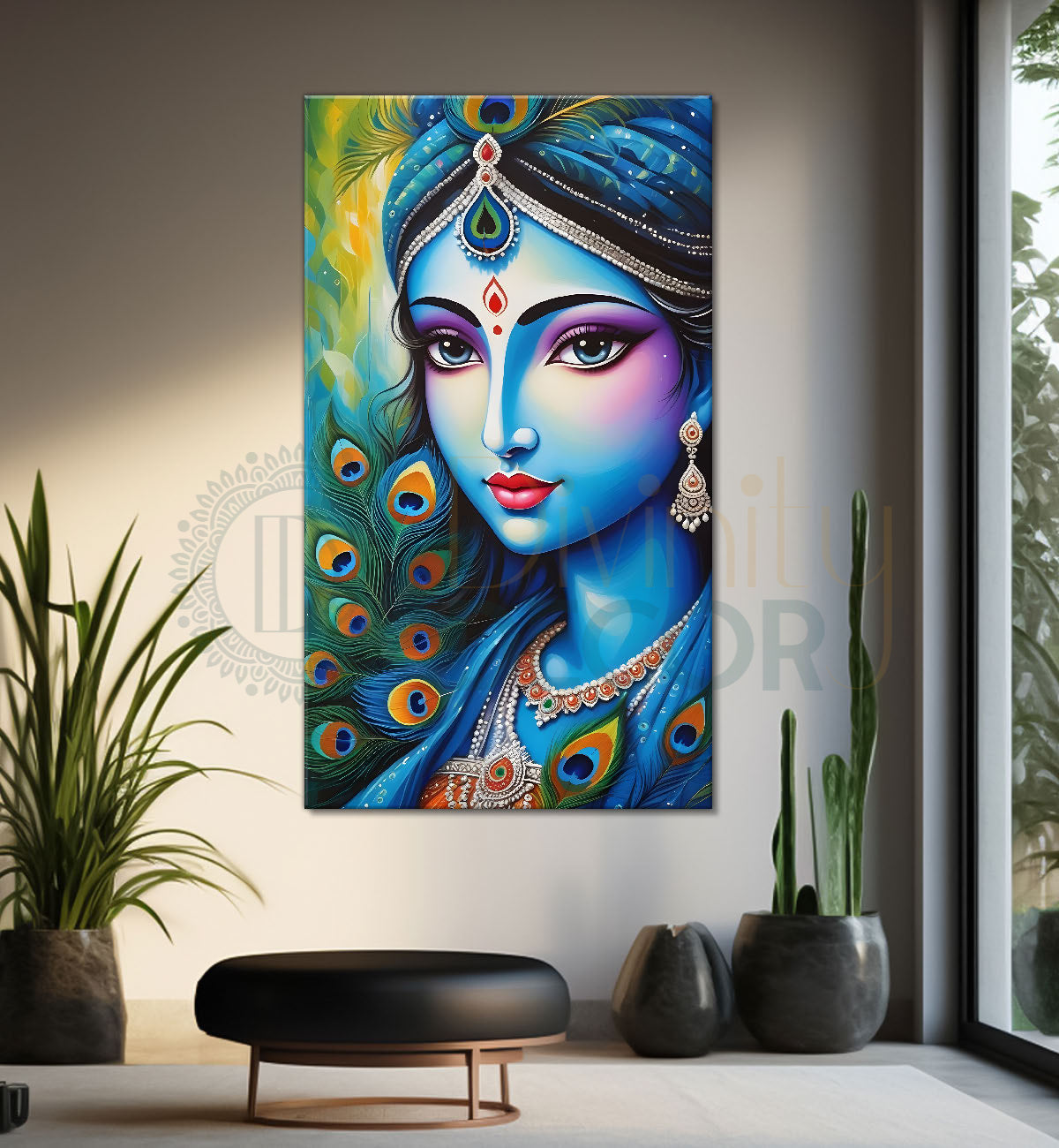 Blue face of krishna in peacock feathers background textured art Canvas Painting - Design - Krishna-V-13