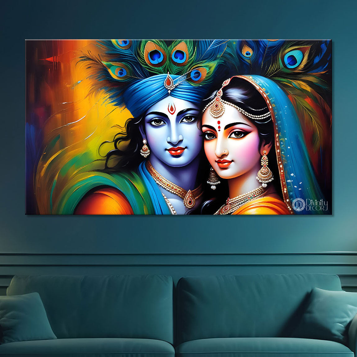 Blue face of Krishna and Radha with yellow and peacock feather background painting Canvas Painting - Design - Krishna-140