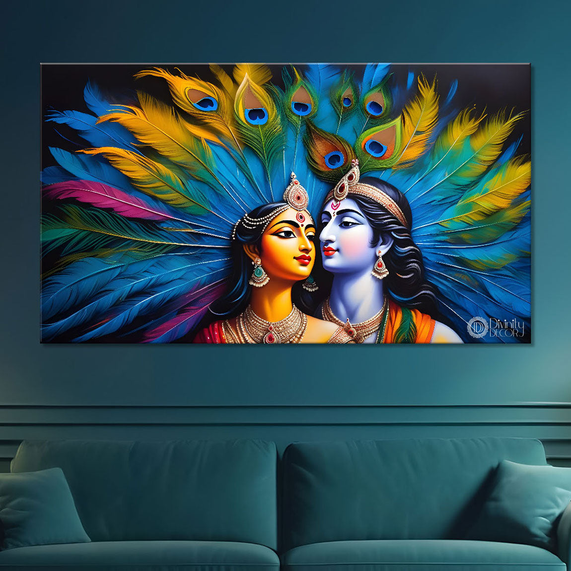 Blue face of Krishna and Radha with colorful feathers background painting Canvas Painting - Design - Krishna-141