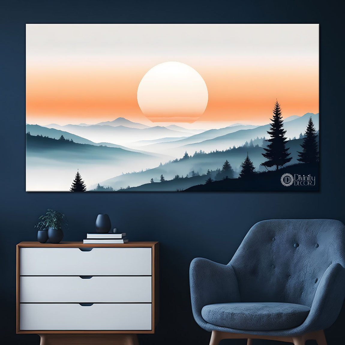 Mountains with trees and river in sunset in textured water color painting Canvas Painting - Nature Art -141