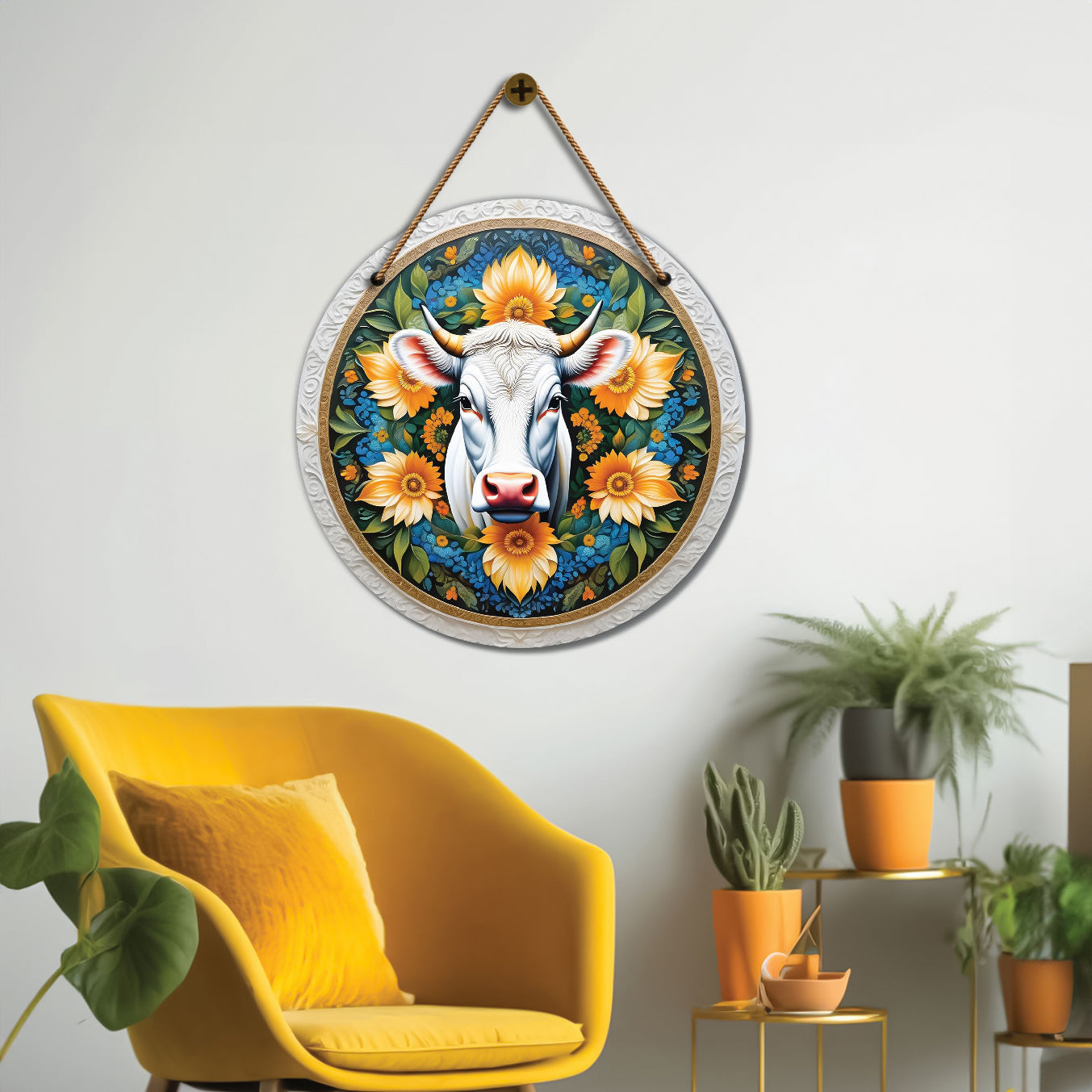 Cow in green and yellow mandala Round Wooden Wall Hanging for wall Décor - Design - 141