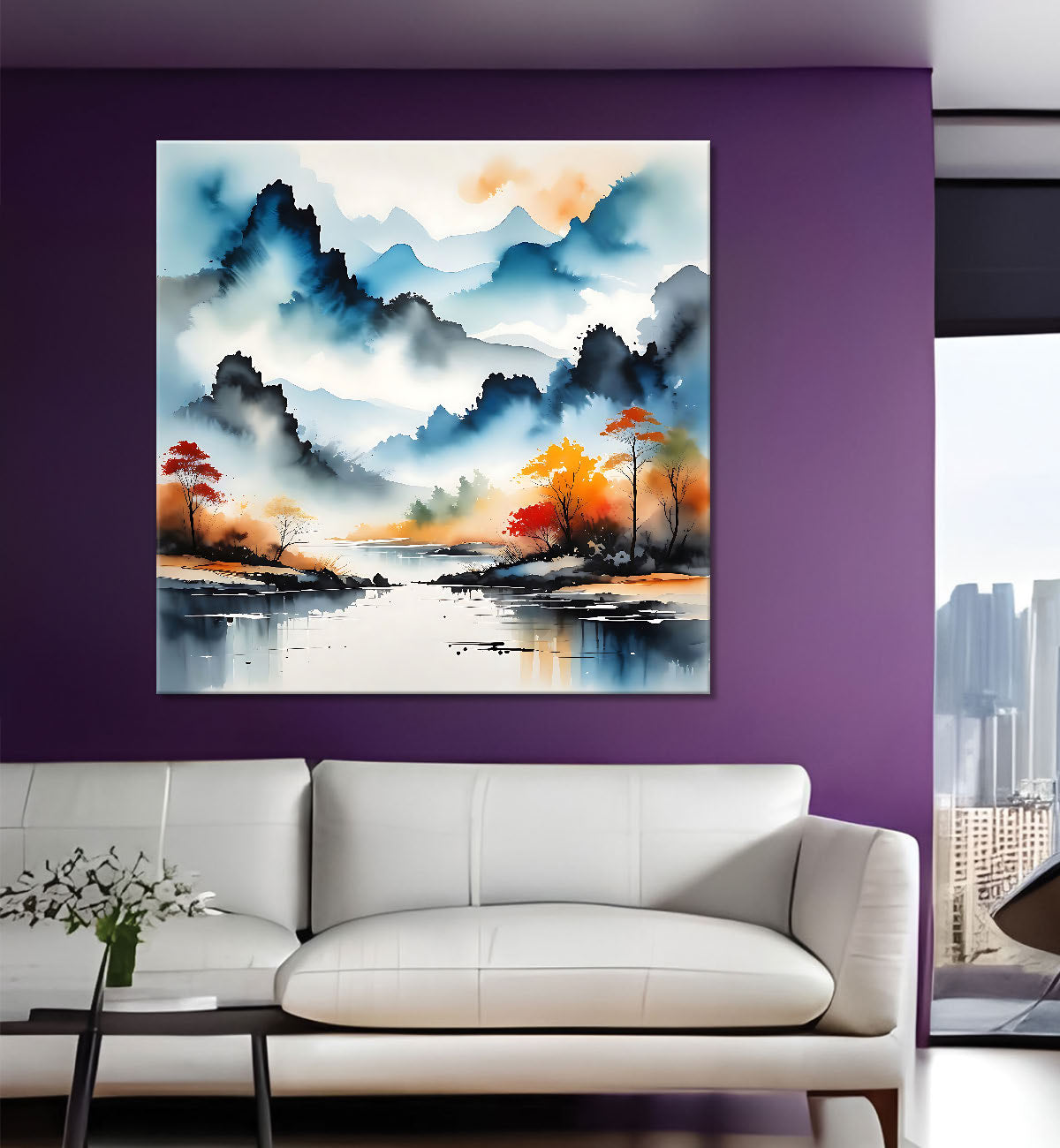 Mountains and river in water colour painting 24X24 - Nature Art -S-141