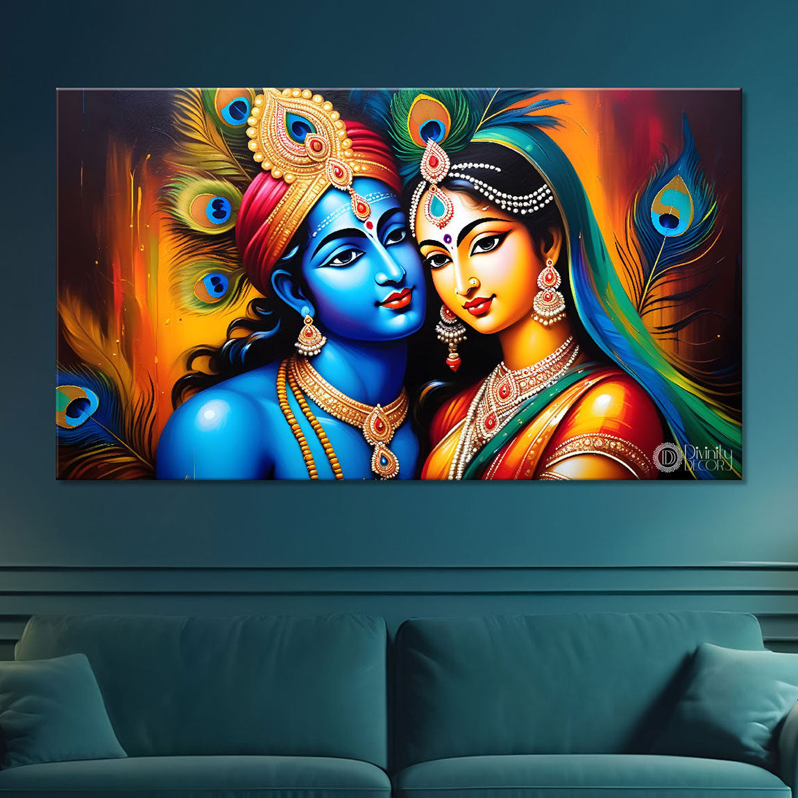 Blue face of Krishna and Radha with yellow background painting Canvas Painting - Design - Krishna-142