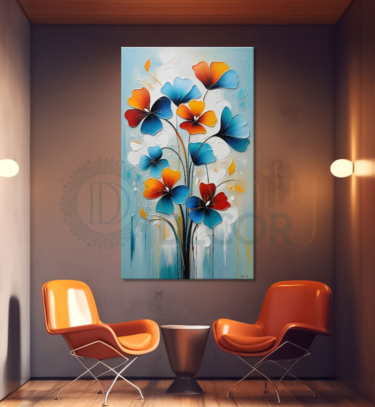 Blue and orange flowers in grey textured background painting- Flower-V-142
