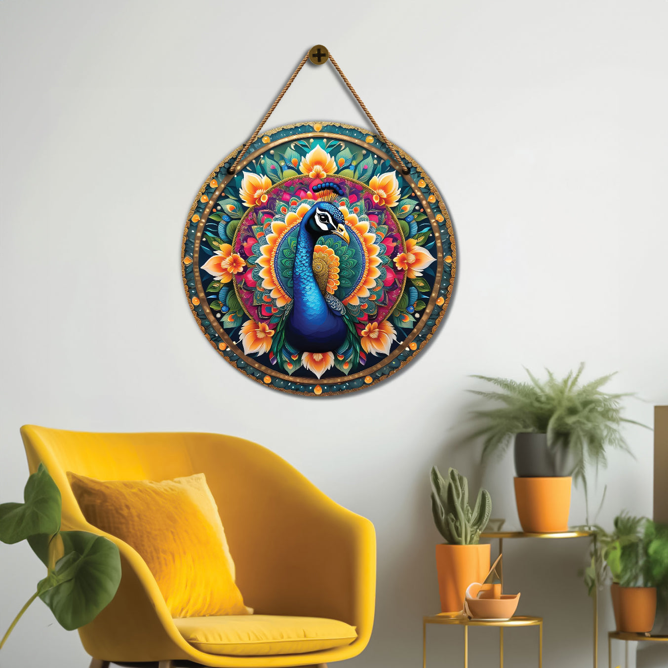 Peacock in green and yellow mandala Round Wooden Wall Hanging for wall Décor - Design - 142