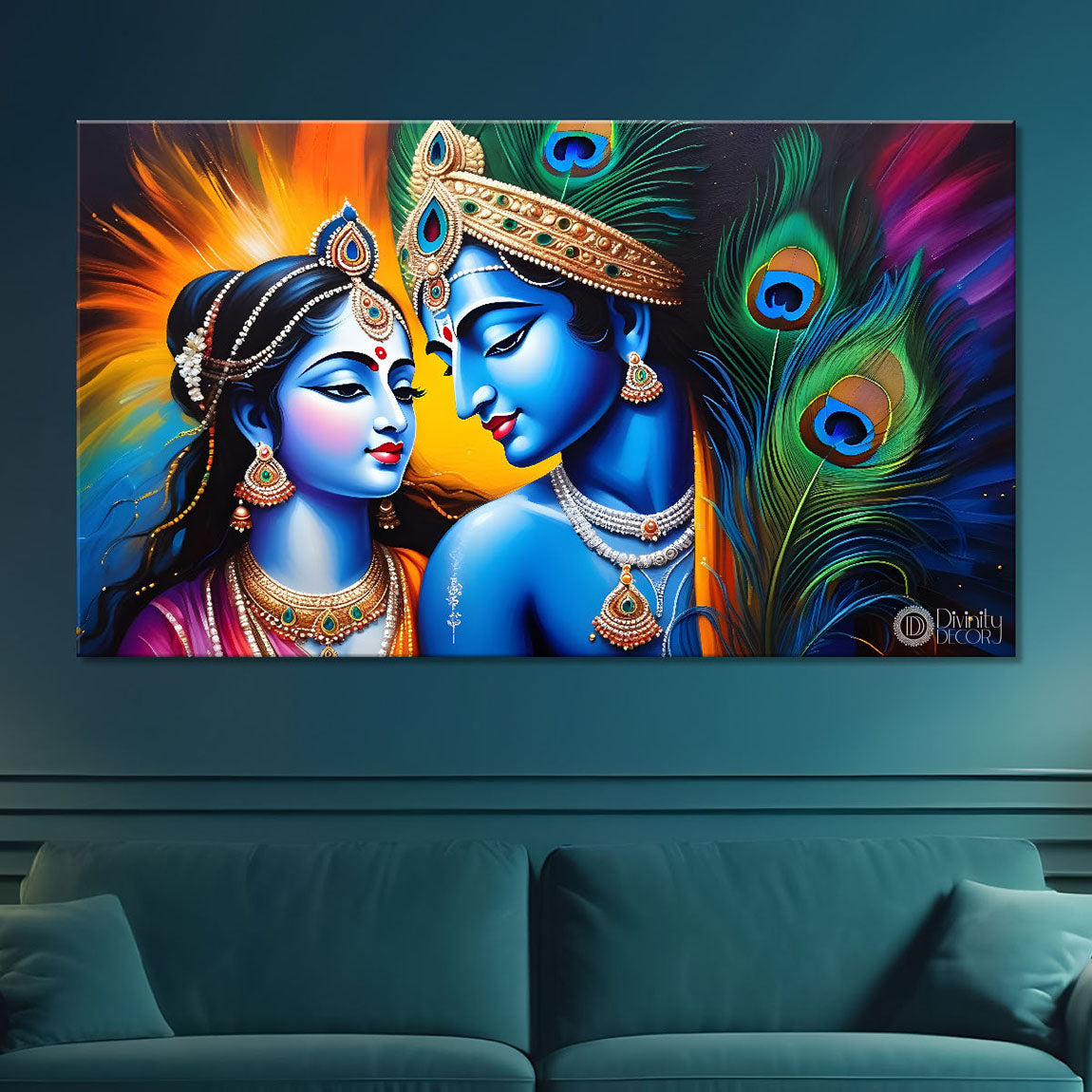 Blue face of Krishna and Radha with yellow and peacock feather background painting Canvas Painting - Design - Krishna-143