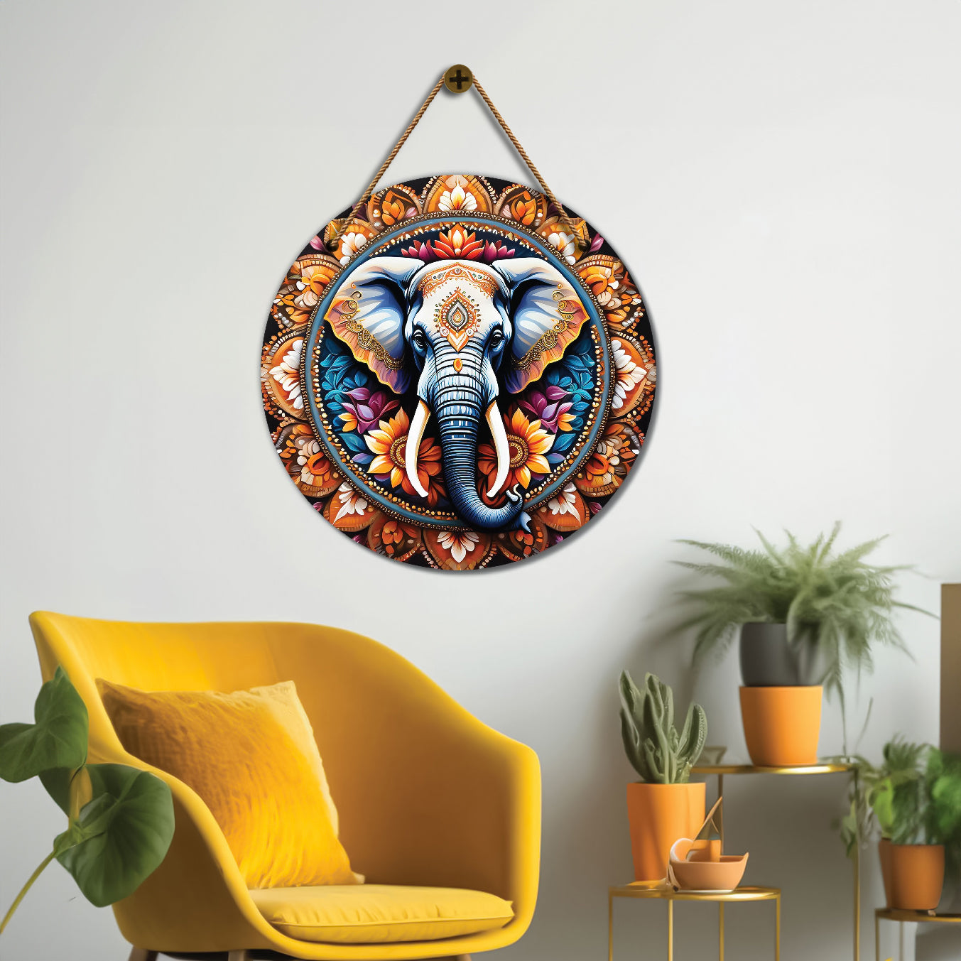 Elephant in blue and yellow mandala Round Wooden Wall Hanging for wall Décor - Design - 143