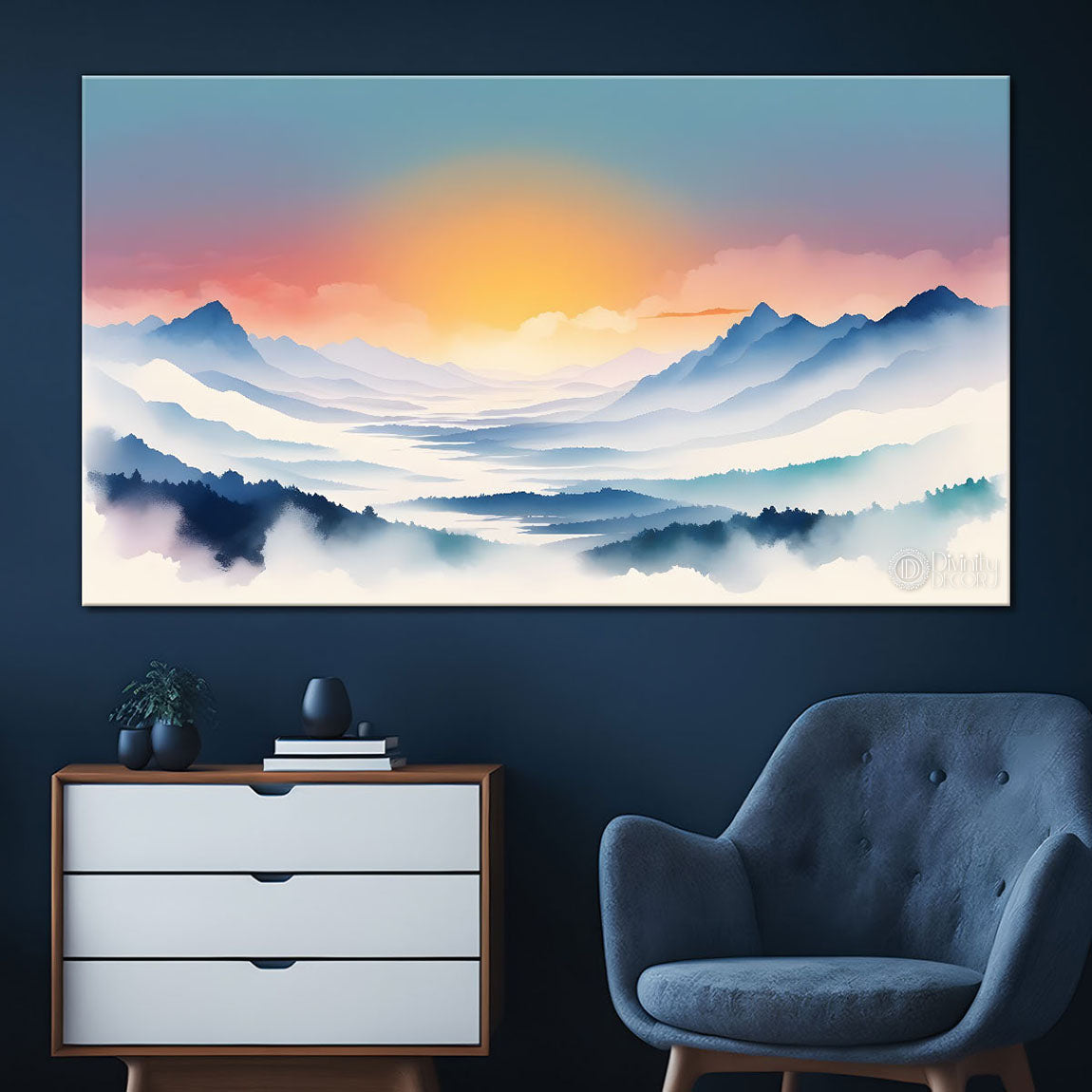 Mountains with clouds and sunrise in textured water color painting Canvas Painting - Nature Art -143