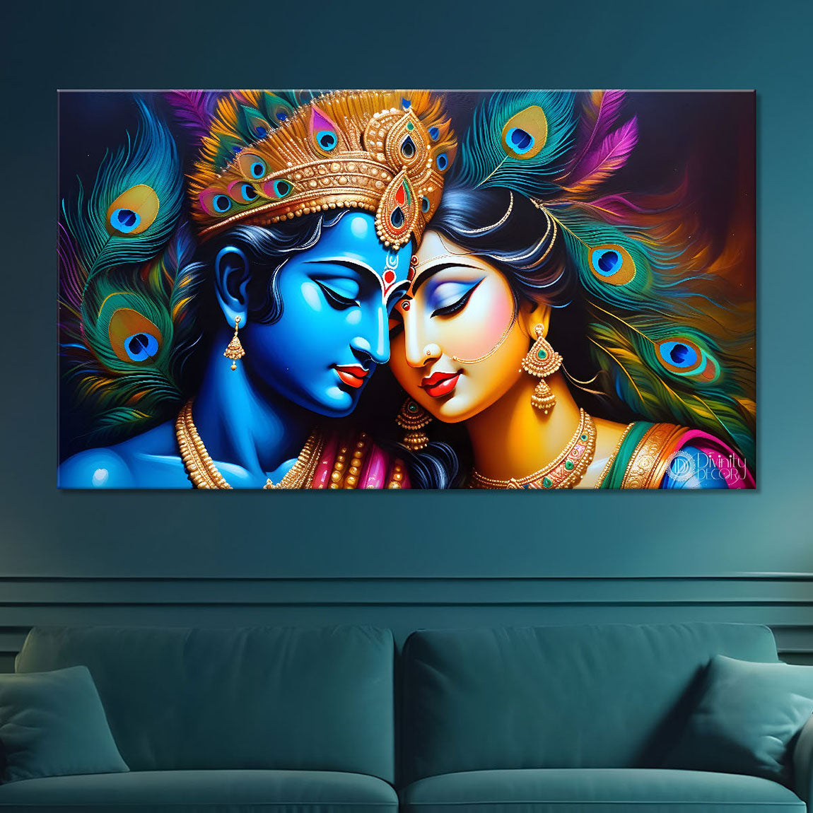 Blue face of Krishna and Radha with yellow and peacock feather background painting Canvas Painting - Design - Krishna-144