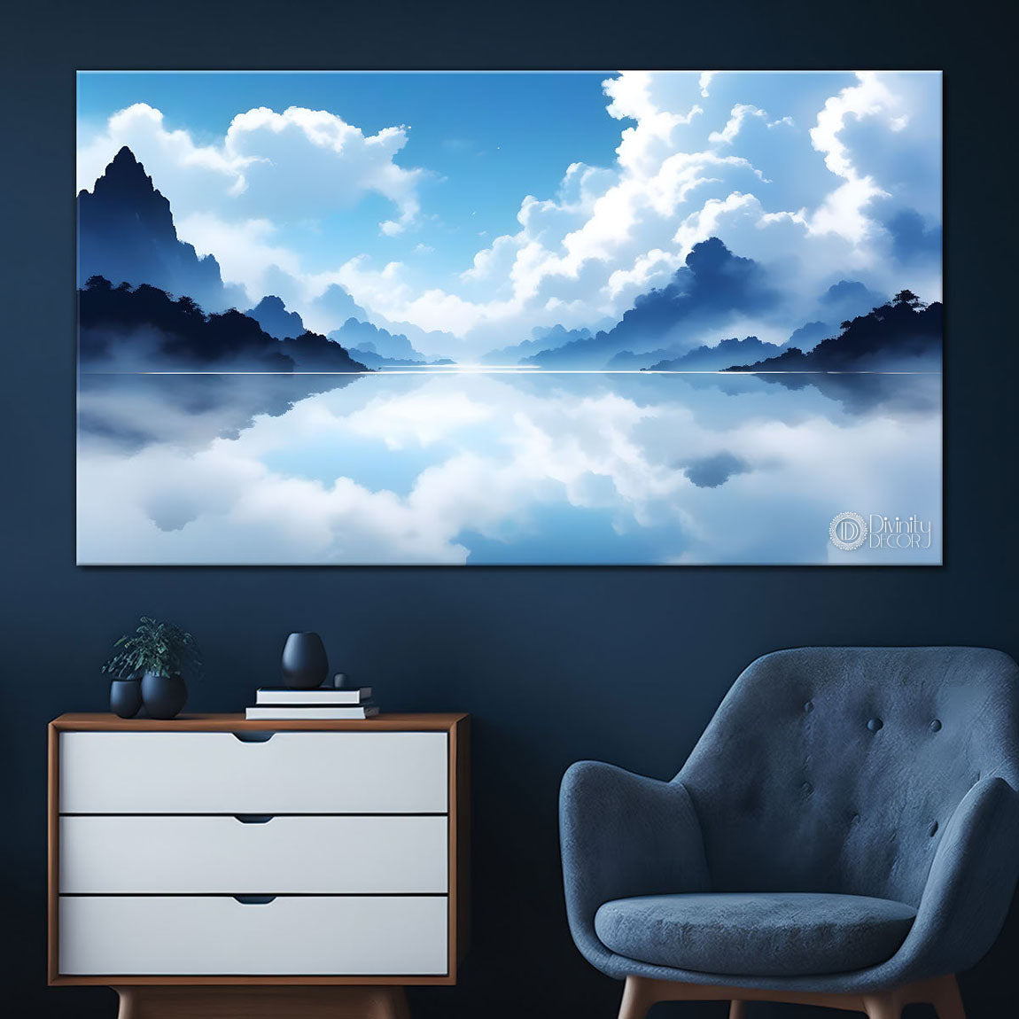 Mountains with clouds in textured water color painting Canvas Painting - Nature Art -144