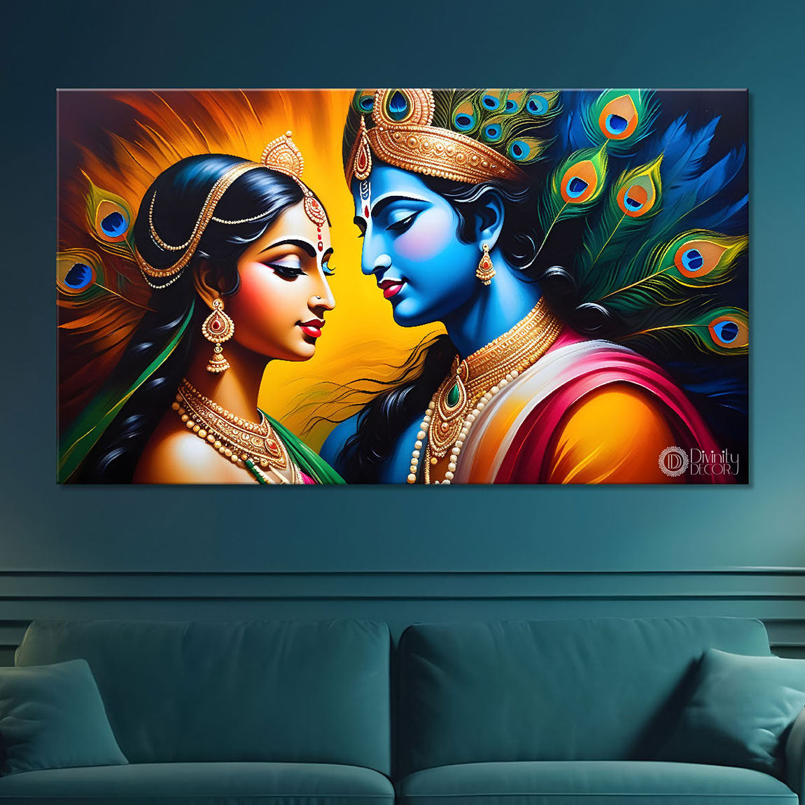 Blue face of Krishna and Radha with yellow and peacock feather background painting Canvas Painting - Design - Krishna-145