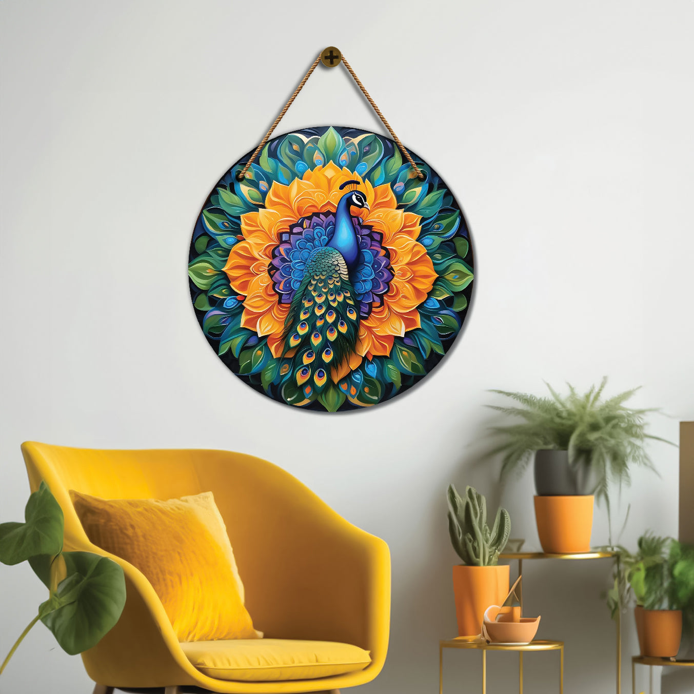 Peacock in green and orange mandala Round Wooden Wall Hanging for wall Décor - Design - 145