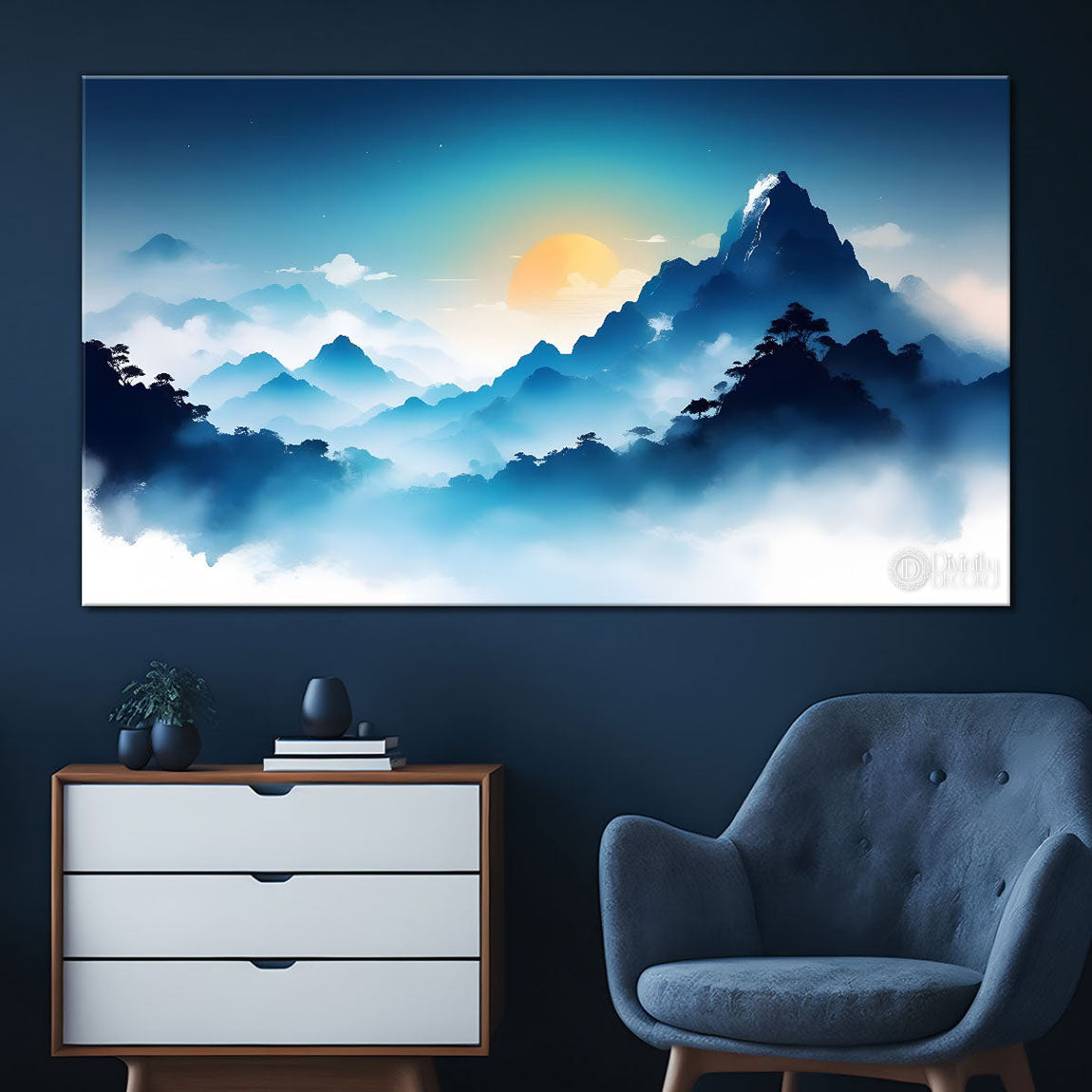 Mountains with clouds with sunset in textured water color painting Canvas Painting - Nature Art -145