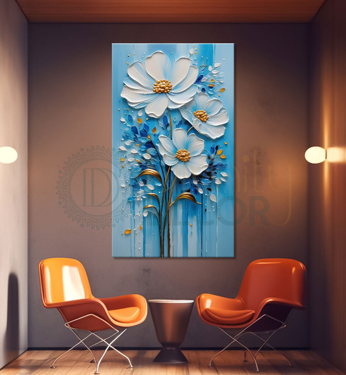 White flowers in sky blue textured background painting- Flower-V-145