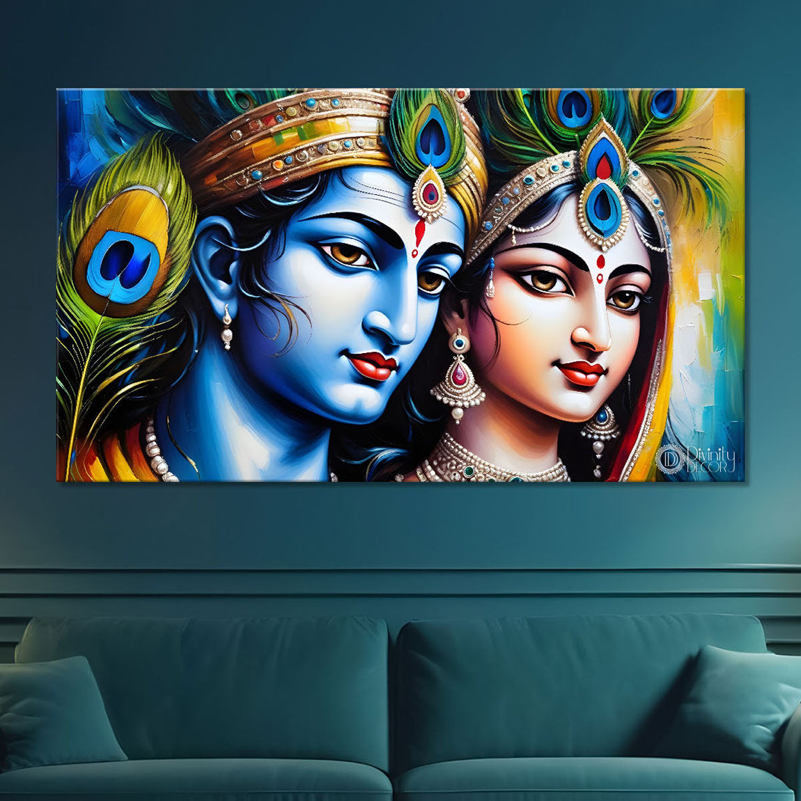 Blue face of Krishna and Radha with yellow and peacock feather background painting Canvas Painting - Design - Krishna-146