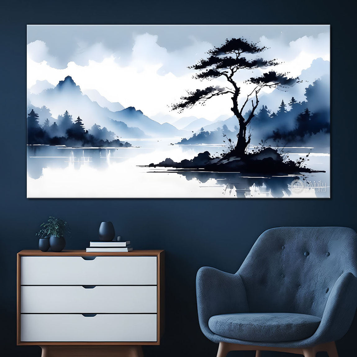 Mountains with clouds and tree in textured water color painting Canvas Painting - Nature Art -146