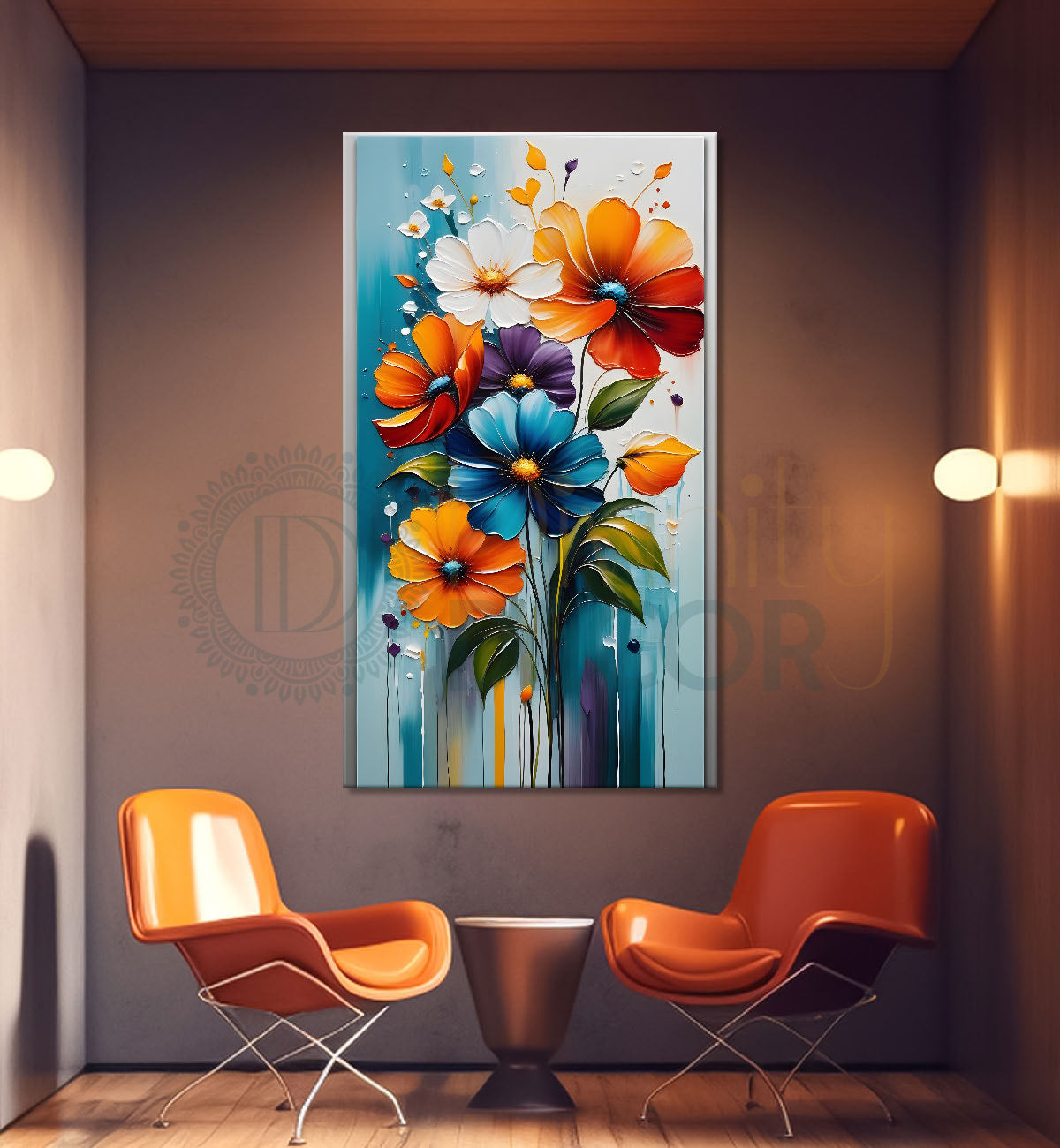 Colourful flowers with light blue textured painting- Flower-V-146